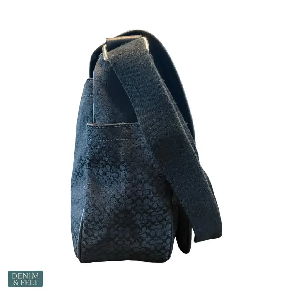 Coach Signature Hudson Messenger Laptop Bag Black‎ Canvas Leather Trim Briefcase